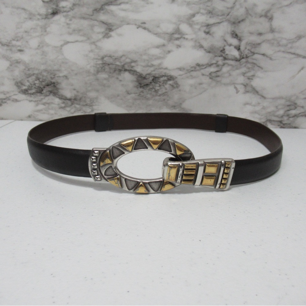 Chico’s Adjustable Leather Belt Oval Buckle With Hook Size Medium Large